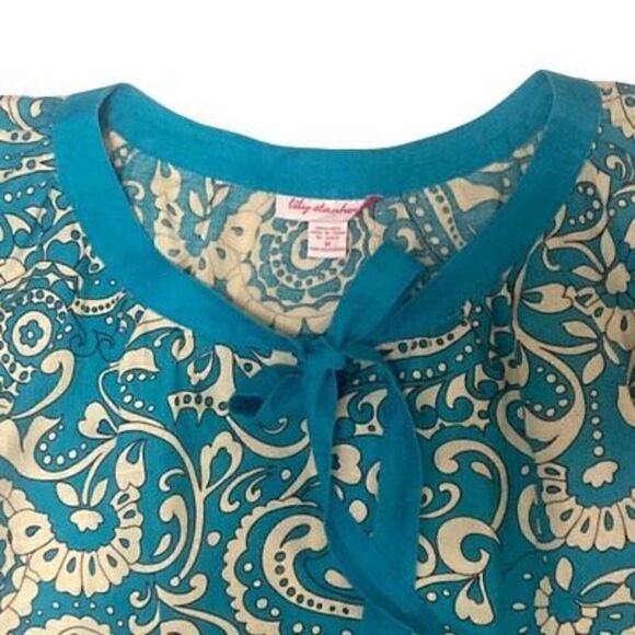 Lily Stanhope 100% Linen Turquoise and Beige Paisley Short Sleeve Blouse with Fr - Picture 3 of 10